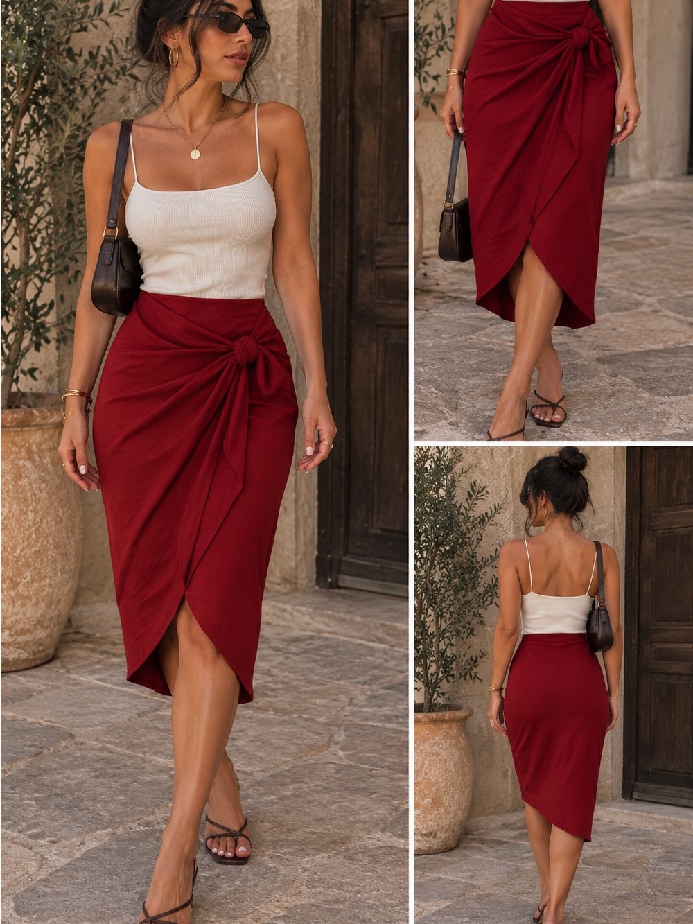 Tie-Front Midi Skirt in Burgundy